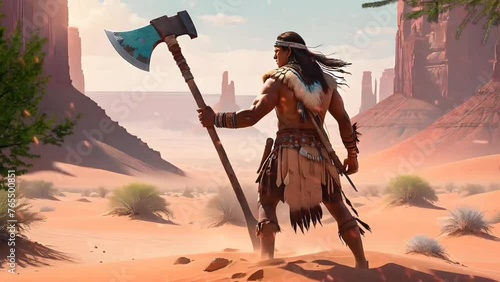 American Indian warrior with axe in the desert. Seamless looping time-lapse 4k video animation background photo
