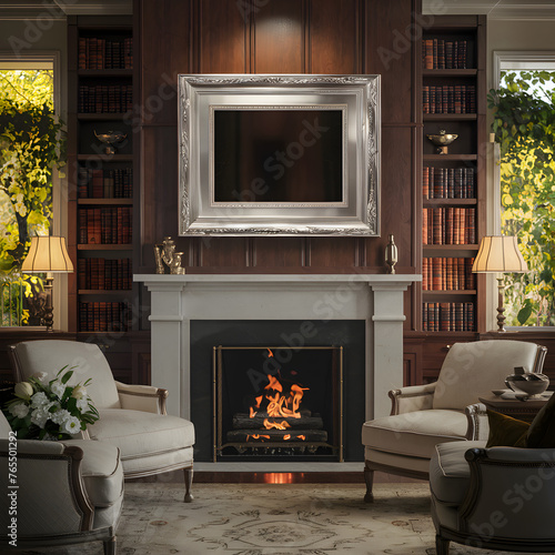 living room with fireplace and bookstand photo