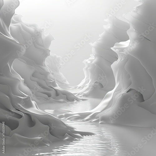 Abstract canyon landscape with wavy white layers and reflective water. 3D render for futuristic background and design photo