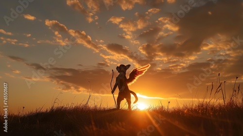 The striking silhouette of a winged dog wielding a bow stands atop a hill  backlit by the warm glow of a setting sun.