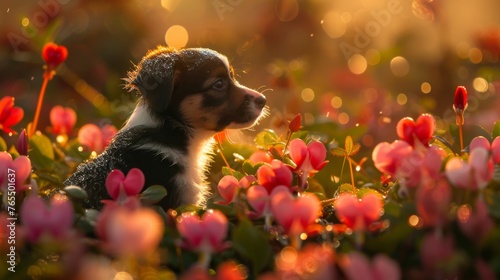 A serene puppy sits among a...