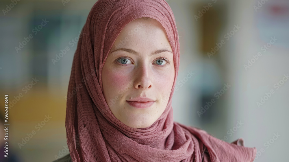 Calm and composed, a young woman in a hijab gazes forward. Calm and composed, a young woman in a hijab gazes forward.