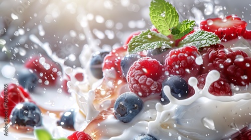 Summertime Bliss Vibrant Frozen Yogurt with Fresh Berries and Honey Refreshing Mint Leaves in a Playful Splash