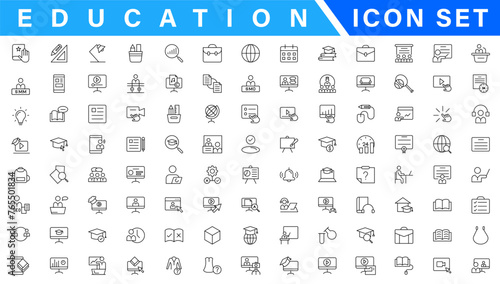 Education and Learning web icons in line style. School, university, textbook, learning. Vector illustration.