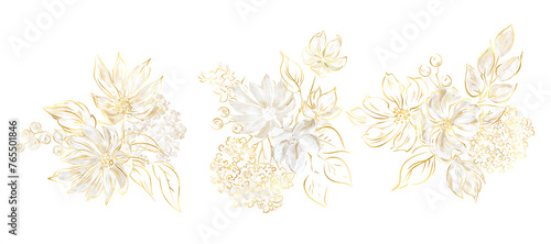 Botanical linear golden flower design. Golden Linear floral leaves and flowers set, Bright shining golden floral bouquets. Invitation templates, wedding cards, 