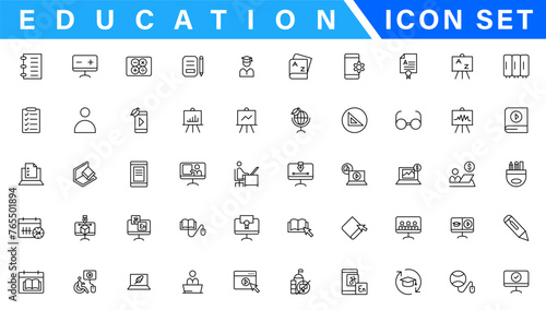 Education and Learning web icons in line style. School, university, textbook, learning. Vector illustration.