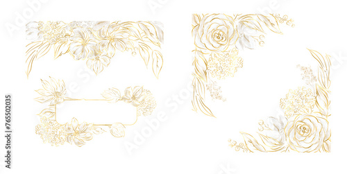 Botanical linear golden flower design. Golden Linear floral leaves and flowers set, Bright shining golden floral bouquets. Invitation templates, wedding cards, 