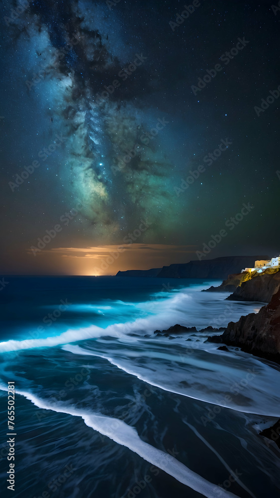 Bioluminescent waves crashing against Santorini cliffs Photo real for Legal reviewing theme ,Full depth of field, clean bright tone, high quality ,include copy space, No noise, creative idea