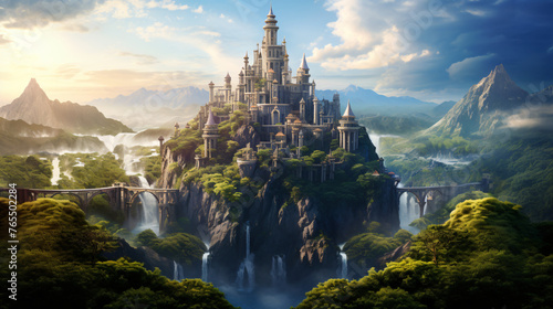 A fantasy castle perched on the edge of a cliff overlo