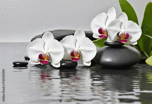 Black and white Orchids and spa stones balance on calm water colourful background