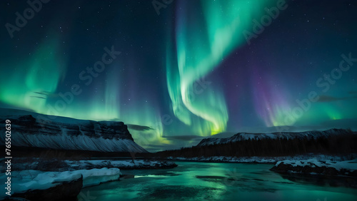 Enchanted Northern Lights over the Blue Lagoon Photo real for Legal reviewing theme ,Full depth of field, clean bright tone, high quality ,include copy space, No noise, creative idea