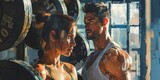 Side view of sporty attractive woman and handsome muscular man lifting weights in the gym, Generative AI