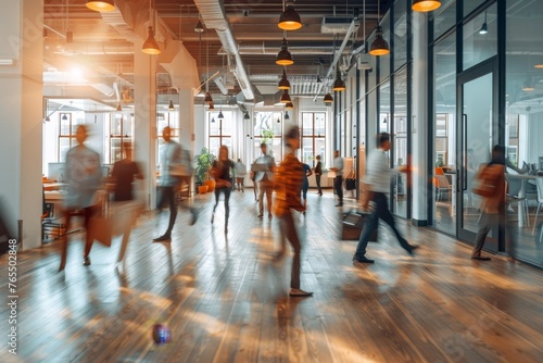 Business people rushing in modern office interior. Motion blur, Generative AI