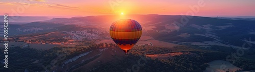 Hot air balloon over scenic landscapes, sunrise hues, early morning, serene adventure , photographic style