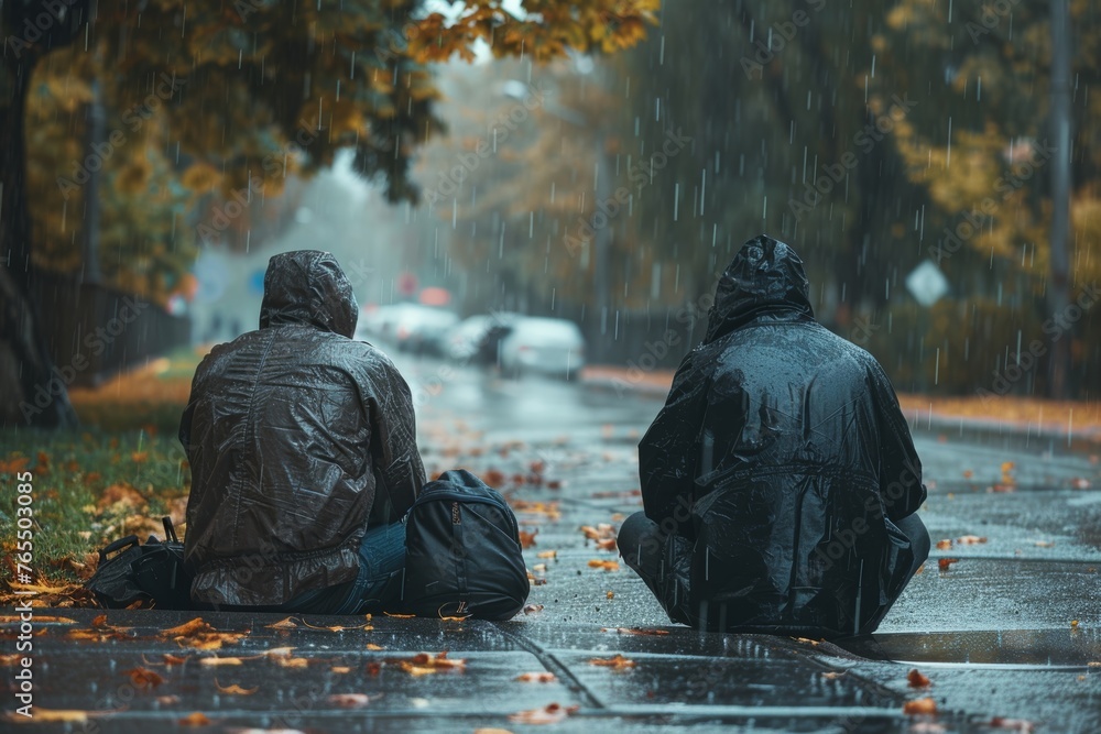 Side view of two men holding hands while sitting on rain outdoors. Homeless, empathy, support and compassion concept, Generative AI