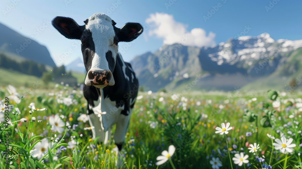 Alpine Pastures: Curious Cow Enjoying the Summer in a Mountainous Landscape - obrazy, fototapety, plakaty 