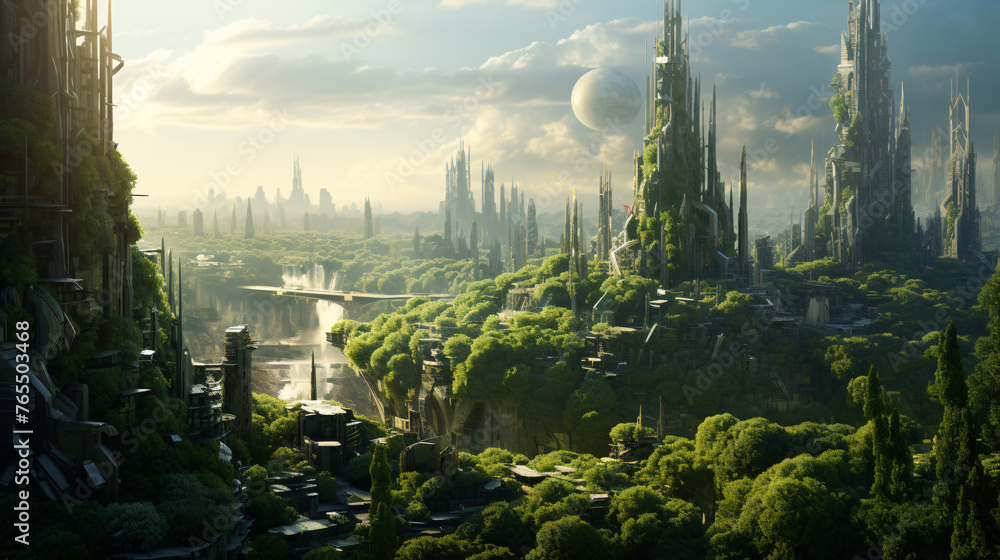 A futuristic cityscape overrun by nature with skyscrap