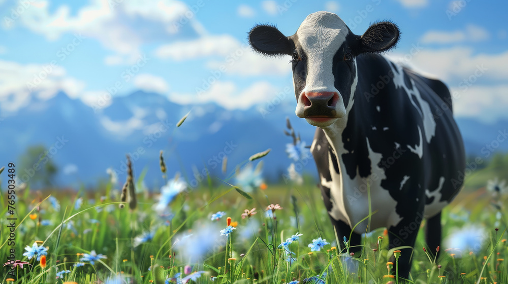 Alpine Pastures: Curious Cow Enjoying the Summer in a Mountainous Landscape