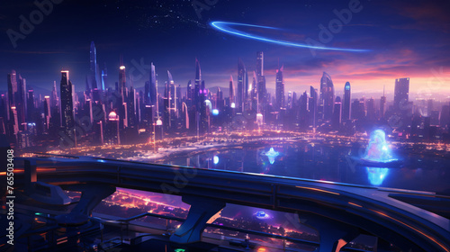 A futuristic cityscape at dusk with neon lights reflec photo