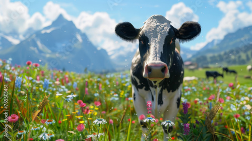 Alpine Pastures: Curious Cow Enjoying the Summer in a Mountainous Landscape photo