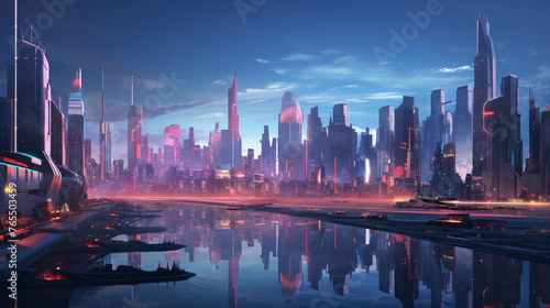A futuristic cityscape at dusk with neon lights reflec photo