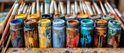  A set of paintbrushes rests atop a wooden table near a line of colorful paint cans