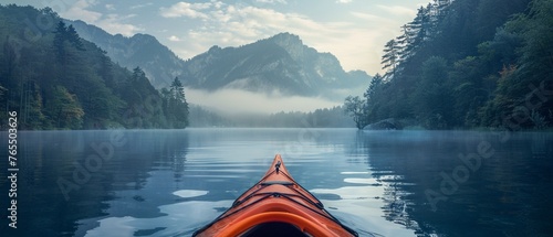 Kayaking serene mountain lake, mist rising, early morning, tranquil exploration , photographic style photo