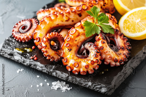 Grilled Octopus with salt, herb and lemon. Seafood meal, close up. Octopus appetizer food concept image on black stone.