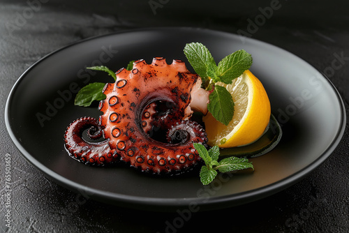 Grilled octopus on black plate serverd with lemon. Seafood. photo