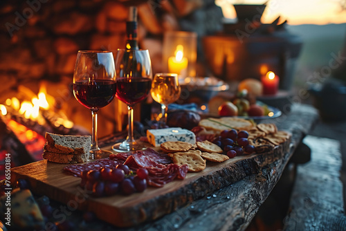 Close-up of a glass of red wine on a table with blurred fireplace in the background and charcuterie board with different cheese at a cozy evening photo