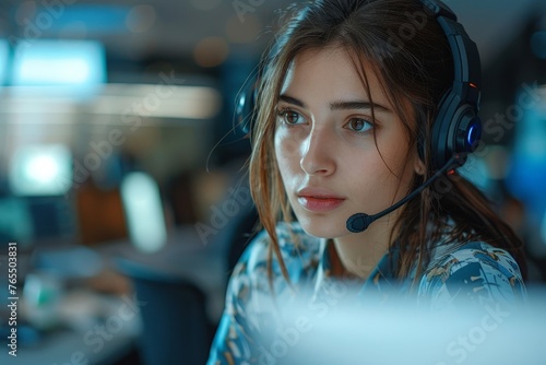Diligent female call center agent, focused and dedicated, managing tasks on a computer within the central customer service hub, Generative AI photo