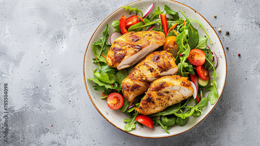 Grilled chicken breast. Fried chicken fillet and fresh vegetable salad of tomatoes, cucumbers and arugula leaves. Chicken meat salad. Healthy food. Flat lay. Top view. White background. Copy space Grilled chicken breast. Fried chicken fillet and fresh vegetable salad of tomatoes, cucumbers and arugula leaves. Chicken meat salad. Healthy food. Flat lay. Top view. White background. Copy space