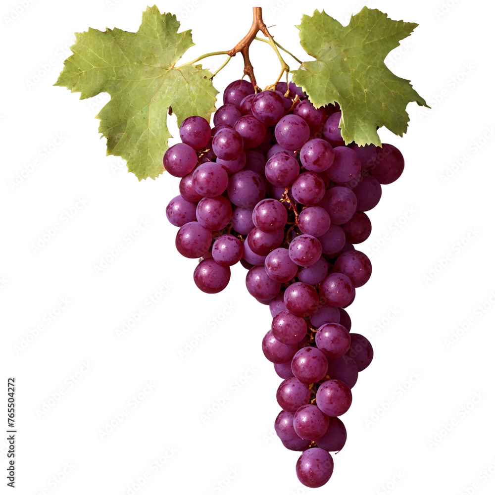 Fototapeta premium Red grape with leaves isolated on transparent background.