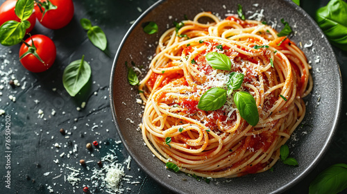 Tasty appetizing classic italian spaghetti pasta with tomato sauce, cheese parmesan and basil on plate on dark table. View from above. Copy space