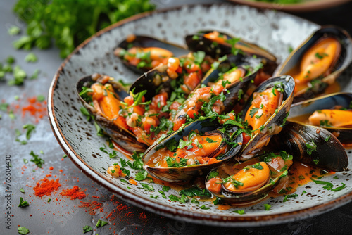Delicious seafood mussels with with sauce and parsley. 