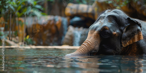 In a wild Asian park, a wild elephant enjoys a joyful swim in a river.