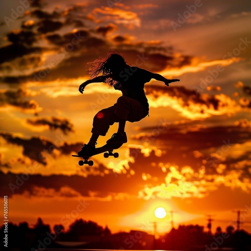 Teen practicing skateboarding tricks, urban park, hopeful determination in every jump, sunset silhouette no splash