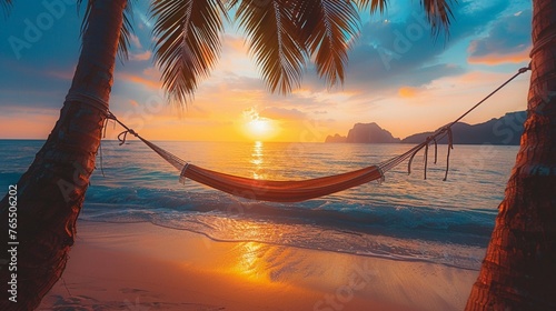 Tranquil beach at sunset, hammock between palms, soft golden light, peaceful solitude , vibrant