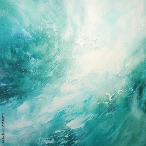 Turquoise and white painting with abstract wave patterns