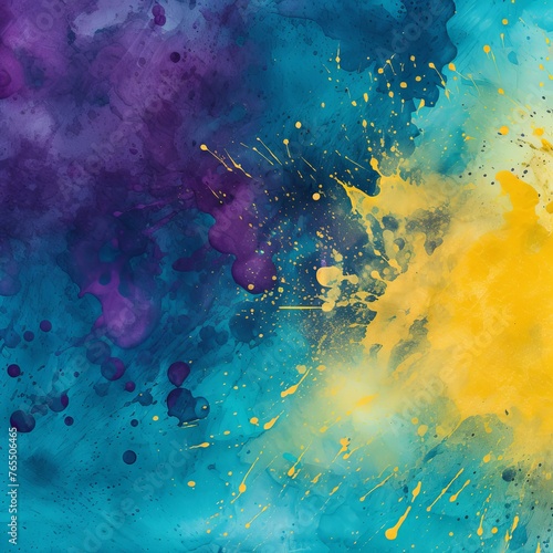 Turquoise and yellow watercolour splatter background, purple yellow © Celina