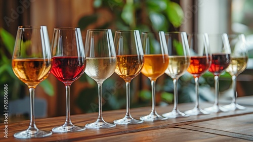 Several different wines in a row in glasses on a table