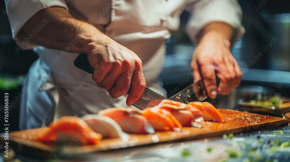 Chef preparing sashimi, focus on exotic fish, precise knife work, elegant presentation low noise