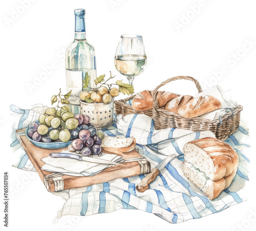 Artistic rendition of picnic with food and wine