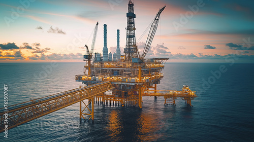 The majestic presence of an offshore oil rig stands against the backdrop of a tranquil sea and the warm glow of a sunrise, symbolizing industrial might and natural beauty