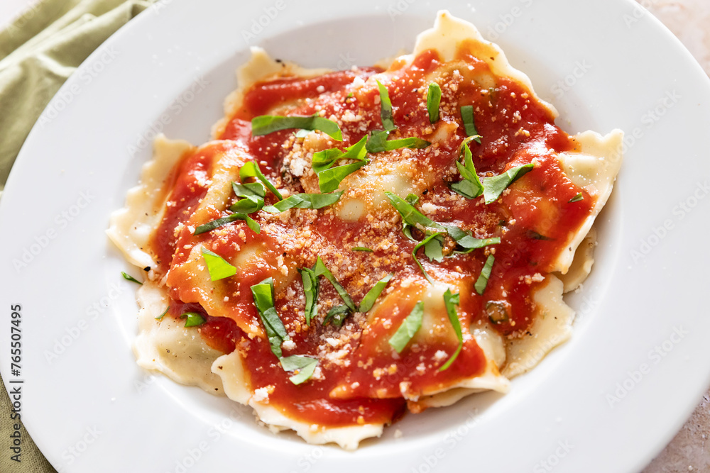Close up of ravioli al pomodoro dish Close up of ravioli al pomodoro dish