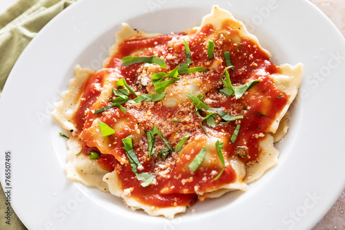 Close up of ravioli al pomodoro dish