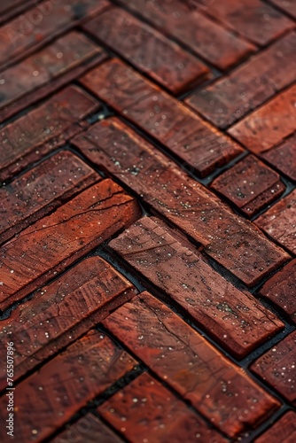 Detailed close up of a weathered brick floor with visible wear and tear, showcasing its texture and pattern