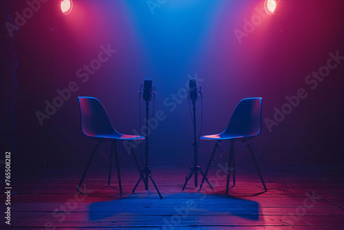 two chairs and microphones in podcast or interview room isolated on dark background as a wide banner for media conversations or podcast streamers concepts with copy space 