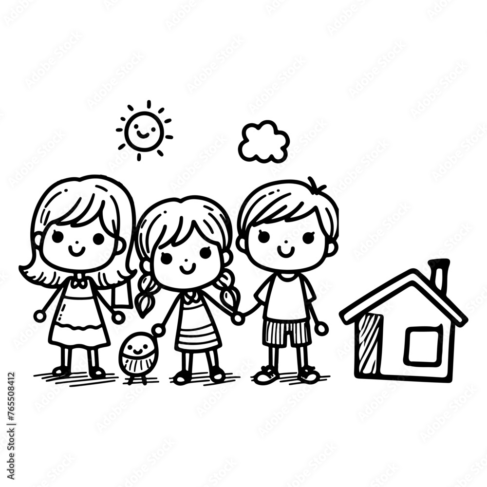 kid drawing happy family cartoon character outline doodle for coloring book page vector illustration on white background kid drawing happy family cartoon character outline doodle for coloring book page vector illustration on white background
