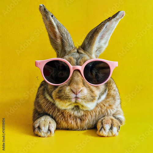 Funny easter concept holiday animal celebration greeting card - Cool easter bunny, rabbit with pink sunglasses, isolated on yellow background Generative Ai